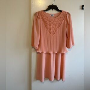 Elegant Peach Midi Dress with Pleated Design Vintage Dress